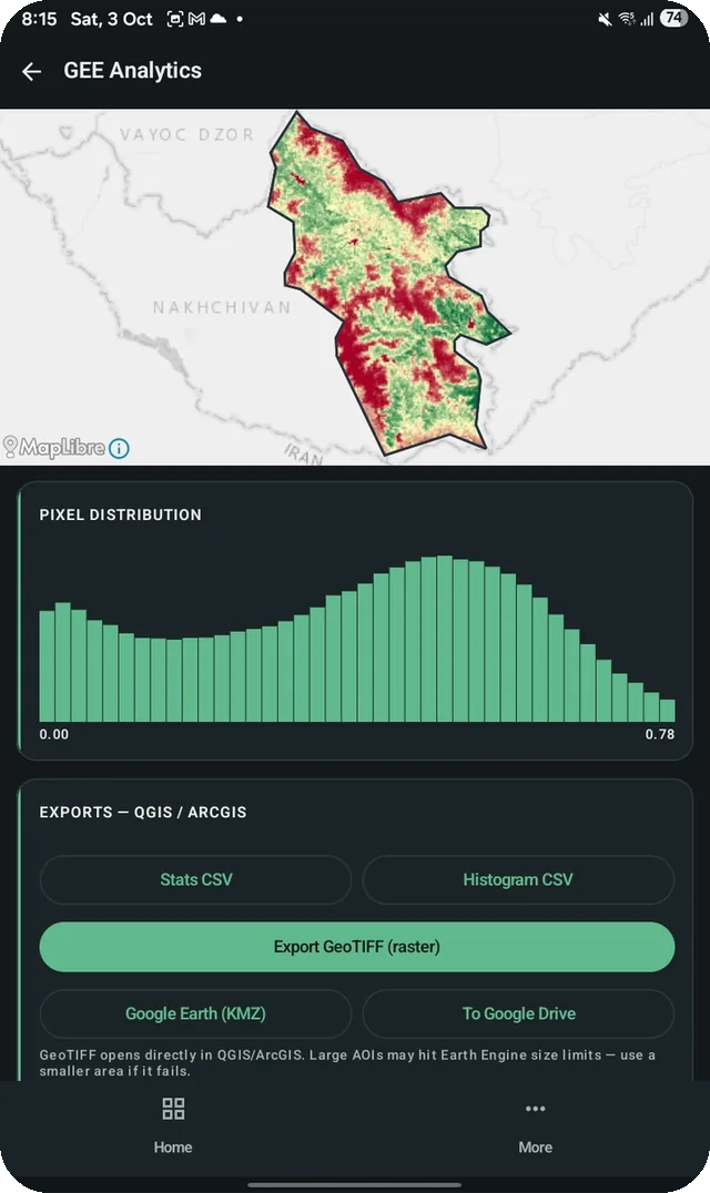 GISFORUS Field, Exports: GeoTIFF, CSV, KMZ and Google Drive.