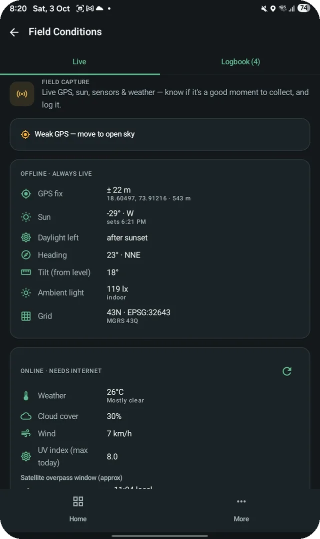 GISFORUS Field, Field Conditions: GPS, sun, sensors and weather at a glance.