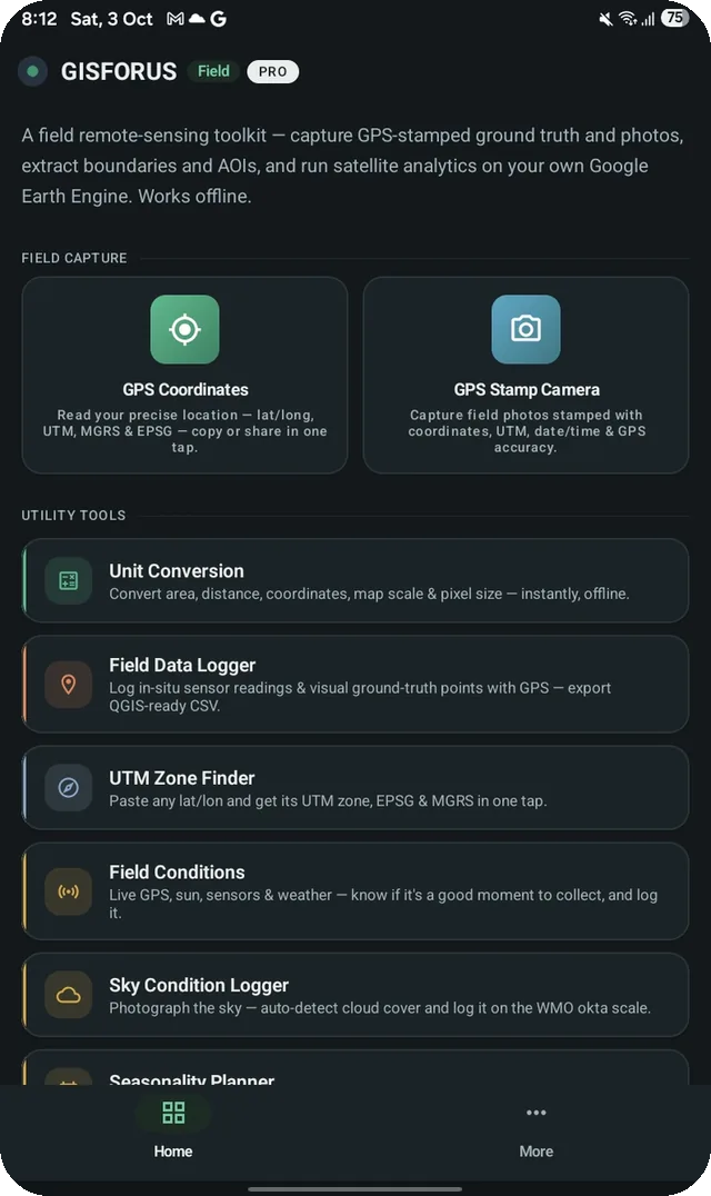 GISFORUS Field, Home: Field capture and utility tools in one place.