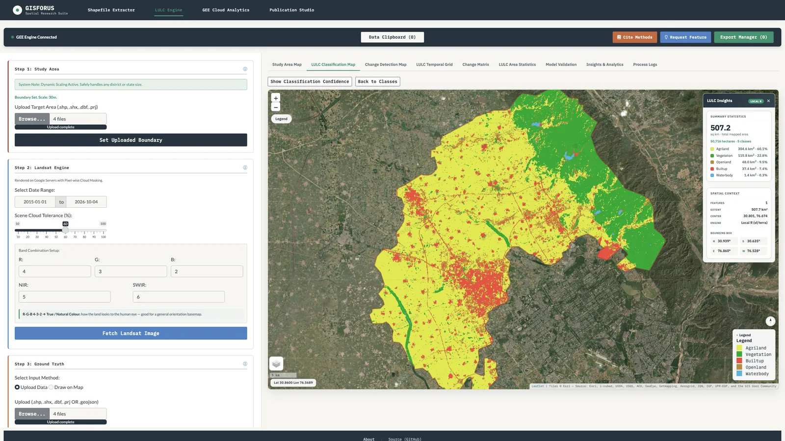 LULC Engine: Supervised land-cover classification with class areas and on-map insights.