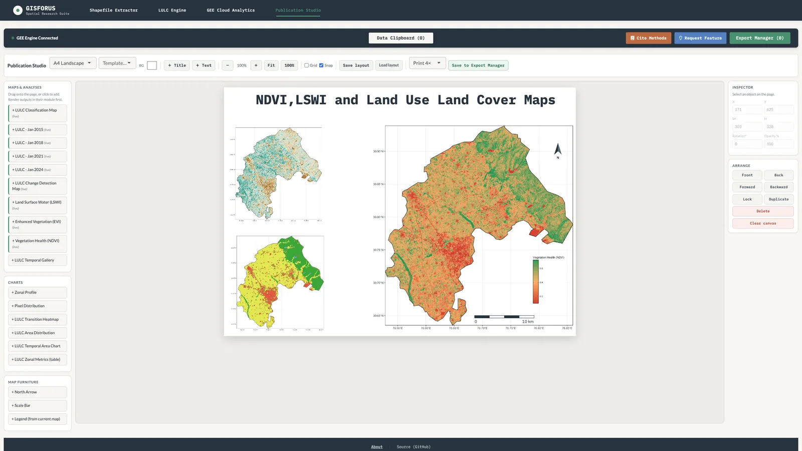 Publication Studio: Drop maps and charts onto a print layout with scale bar, north arrow and legend.
