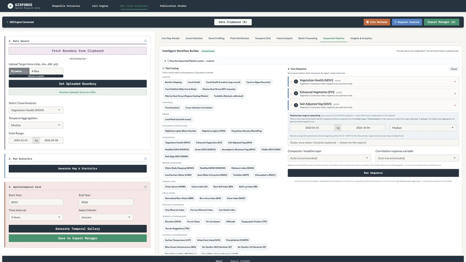 Sequential Pipeline: Pick tools from the catalog, put them in order and press Run Sequence. Each step hands its mask to the next.